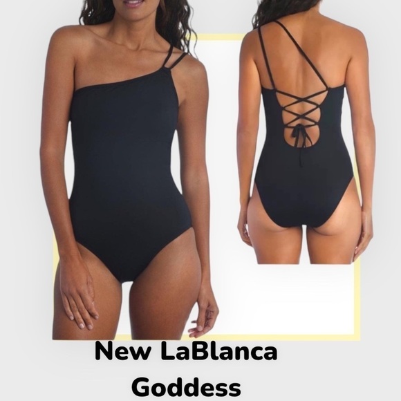 La Blanca Goddess Swimsuit One Piece Back Cutout One Shoulder Black Tummy Tight - Picture 7 of 14
